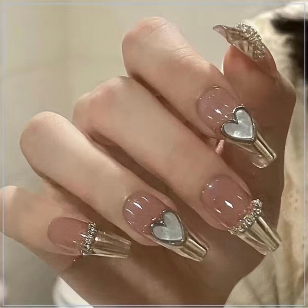 Bling Brown Gold Press On Nails 25 Pc Heart Charm Rhinestones Coffin Medium